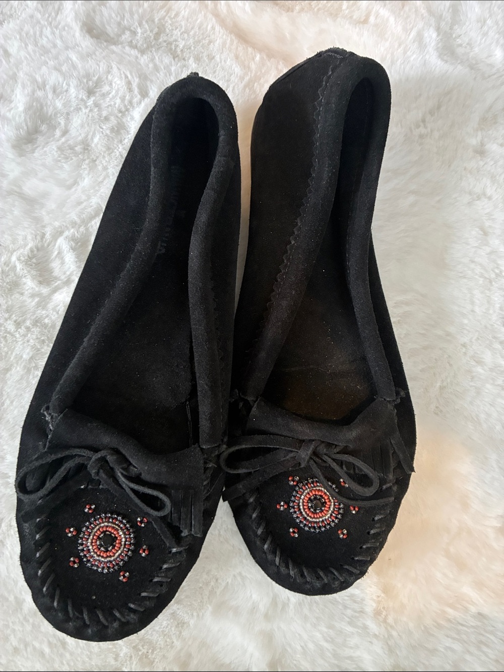 NEW Minnetonka Black Suede Beaded Moccasins